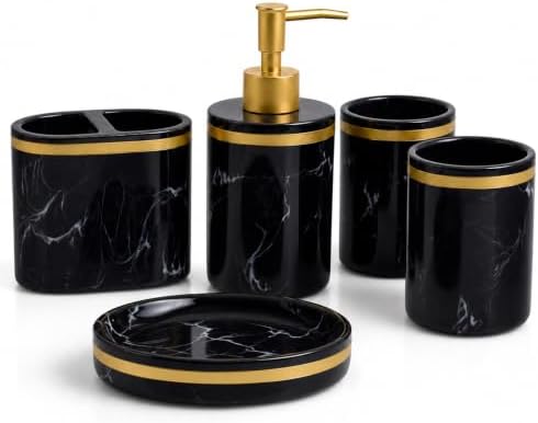 5-Piece Bathroom Counter Top Accessory Set - Dispenser for Liquid Soap or Lotion, Soap Dish, 2 Tumblers and Toothbrush Holder, Marble Pattern Resin (Classic Black)