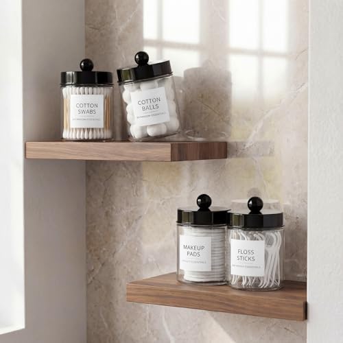 Amolliar Glass Apothecary Jars Qtip Holder w/Plastic Lids,Black 2pc