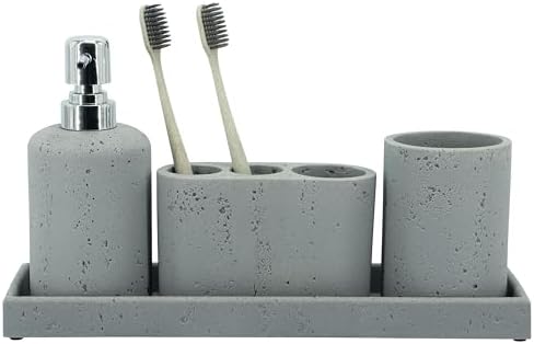 ZCCZ -Beige Bathroom Accessories Set 4 Pcs - Toothbrush Holder, Soap Dispenser, Vanity Tray, Bathroom Tumbler - Countertop Vanity Organizer - Bathroom Accessory Set- Toothbrush Holder Set, Stone Sets