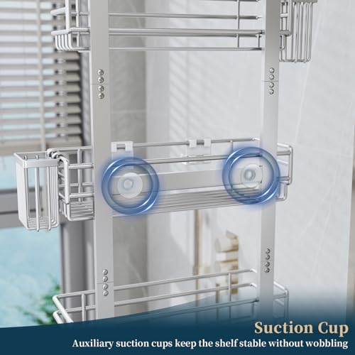 Consumest Over The Door Shower Caddy - 5 Tier Adjustable Shower Organizer Hanging with 2 Toothbrush Holders & 4 Hooks, Rustproof Organizer Shelf, Storage Rack for Bathroom, Silver