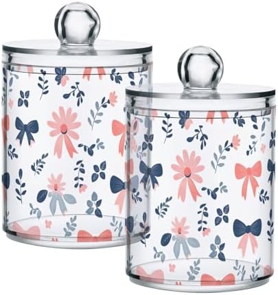 ALAZA Bow Flower Floral Print 4 Pack Qtip Holder Dispenser for Cotton Swabs, Balls, Pads, Floss 10 oz Plastic Canister Organizer