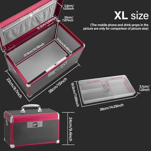 Medicine Lock Box for Safe Medication - 15 x 8.7 x 9.4 Inches - Lockable Storage Box for Drugs, First Aid Kit Empty, Lock Boxes with Key for Home/Outdoor (Black & Red/X-Large)