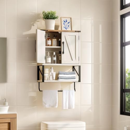Bonnlo Wall Cabinet Farmhouse with Tower Bar Small Bathroom Medicine Cabinet Over Toilet Storage Organizer with Tower Bar Wall Mounted for Bathroom Kitchen Rustic White & Brown