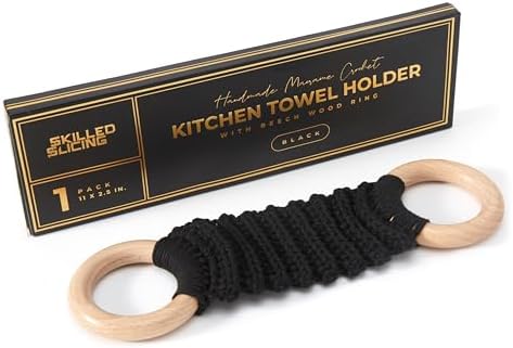 Handmade Crochet Dish Towel Holder for Kitchen & Bathroom, Decorative Boho Macrame Kitchen Towel Hanger Loop Ring Makes a Unique Gift for Birthday Thanksgiving Day 11 Inches (Black)