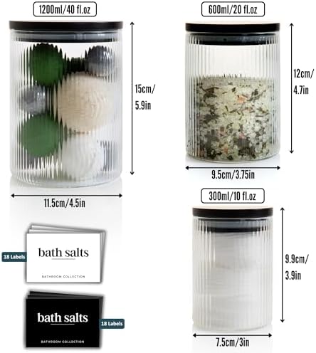 Mason & Fable 3x Ribbed Glass Bathroom Jars with Airtight Black Bamboo Lids | Cotton Pad/Buds/Q tip Holder | Bath Salt/Small Makeup/Apothecary Storage Canister- 10, 20 & 40 fl.oz