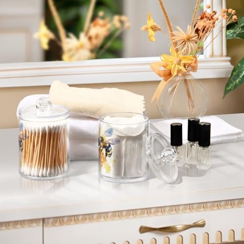 Fustylead 4 Pack Watercolor Bee on Honeycomb Plastic Apothecary Jars with Lid, Bathroom Vanity Storage Organizer Canister for Qtip, Cotton Ball, Swab, Round Pads, Floss