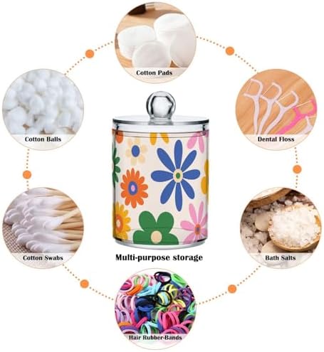 Fustylead 4 Pack Groovy Vibrant Bohemian Colorful Daisy Flowers Qtip Holder Dispensers, Bathroom Storage Canister Plastic Apothecary Jar Set for Cotton Swabs, Ball, Pads, Floss