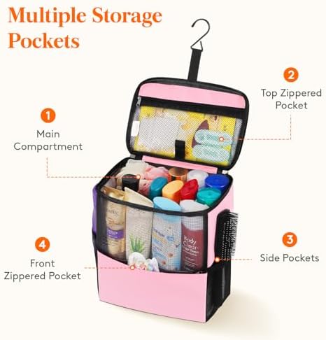 Lifewit Mesh Shower Caddy Bag Portable for College Dorm Room Essentials, Hanging Organizer Basket, Quick Dry Tote Bag for Camping, Bathroom, Beach, Travel, Large, Pink