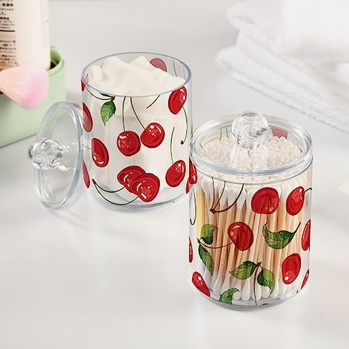 Cherry Fruits Canisters with Lids for Bathroom Vanity, Clear Plastic Jars Set of 2, for Cotton Balls, Cotton Pads, Qtips 4.13 x 2.75 in
