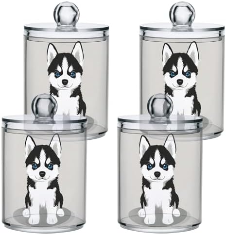 2 Pack Qtip Dispenser Apothecary Jars Dog Bathroom Organizer, Siberian Husky Puppy Qtip Holder Storage Canister Plastic Acrylic Jar for Cotton Ball/Swab/Rounds