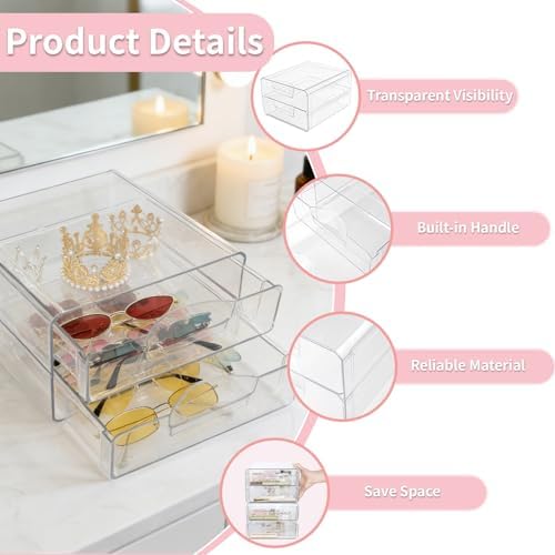 Clear Stackable Storage Drawers,Acrylic Makeup Drawer Organizer