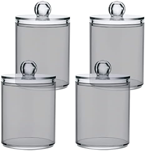 SHJI Grey Qtip Holder Organizer Dispenser Cotton Swabs Cans Plastic Jars with Lid Set 4 Pack Bathroom Storage Canister for Cotton Ball Floss Cotton Pads