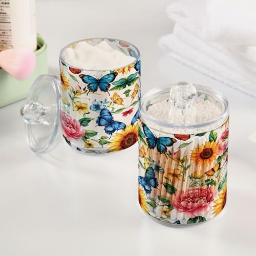 MNSRUU 2 Pack Qtip Holder Organizer Dispenser Sunflowers Peonies and Butterflies Bathroom Storage Canister Cotton Ball Holder Bathroom Containers for Cotton Swabs/Pads/Floss