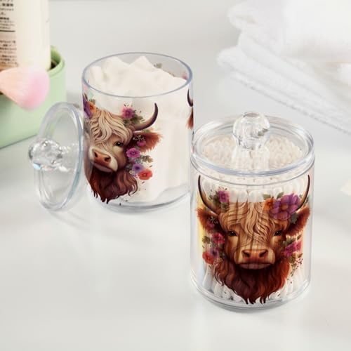 MNSRUU 4 Pack Qtip Holder Organizer Dispenser Highland Cow Pink Bathroom Storage Canister Cotton Ball Holder Bathroom Containers for Cotton Swabs/Pads/Floss