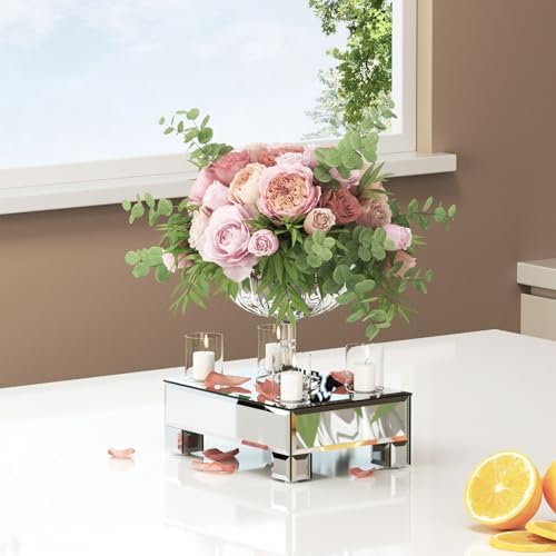 Mirrored Risers for Display, Tabletop Display Stand, Mirrored Perfume Tray for Vanity, Silver Soap Stand, Pedestal Stand, Glass Risers for Countertop, 8.6”W x 6”D x 3”H