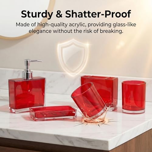Bathroom Accessories Set, Acrylic Bathroom Accessory Set with Soap Dispenser,Soap Dish, Toothbrush Holder, Tumbler, Modern Bathroom Accessories Decor,Gift for Home (Red-5)