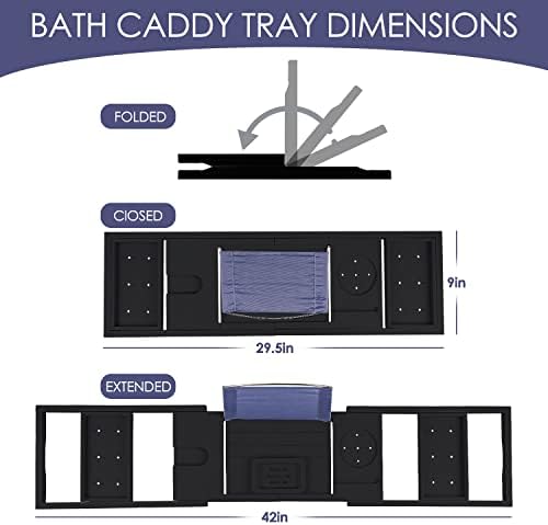 Foldable Bathtub Tray Caddy with Soap Dish Adjustable 29.5-43''Black