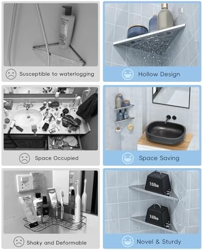 DAYONE 2 Pack Corner Shower Shelves 10", Chrome 304 Stainless Steel Recessed Bathroom Shelf with Razor Holding Hole and 2 Hools, for Tiled Wall No Drilling Needed