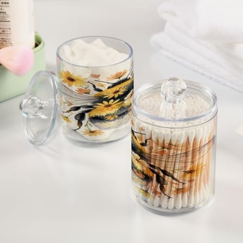 ALAZA Bumble Floral Bee 2 Pack Qtip Holder Dispenser for Cotton Swabs, Balls, Pads, Floss 10 oz Plastic Canister Organizer