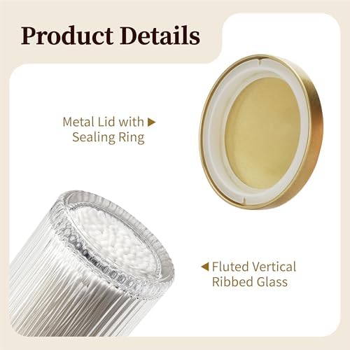 2 Pack Qtip Holder Dispenser with Metal Lids | Ribbed Glass Canister Set for Bathroom Vanity (Gold 2 Pcs)