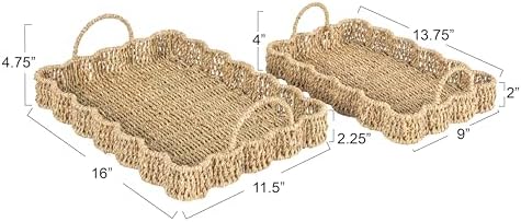 Household Essentials Woven Seagrass Scalloped Rectangular Trays, Set of 2, Natural