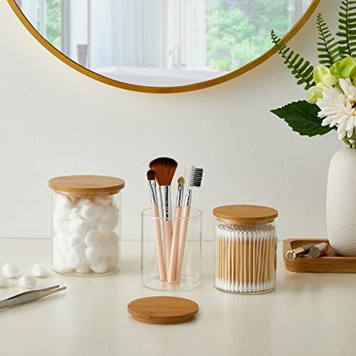 INIUNIK Glass Qtip Holder Dispenser with Bamboo Lid, 3 Pack