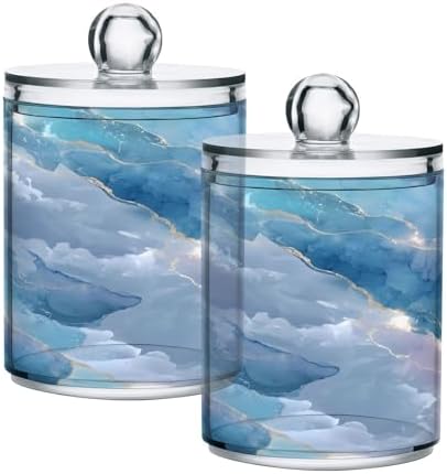 MNSRUU 2 Pack Qtip Holder Organizer Dispenser Abstract Blue Marble Bathroom Storage Canister Cotton Ball Holder Bathroom Containers for Cotton Swabs/Pads/Floss