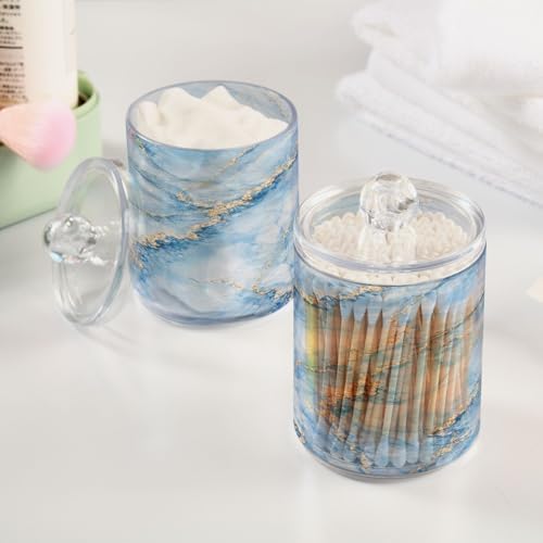 MNSRUU 2 Pack Qtip Holder Organizer Dispenser Sky Blue Marble Bathroom Storage Canister Cotton Ball Holder Bathroom Containers for Cotton Swabs/Pads/Floss