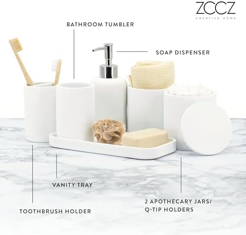 ZCCZ White Bathroom Accessories Set 6 Pieces - Toothbrush Holder, Lotion Dispenser, Qtip Container, Vanity Tray, Tumbler - Countertop Organizer for Bathrooms - Elegant and Functional Décor Set