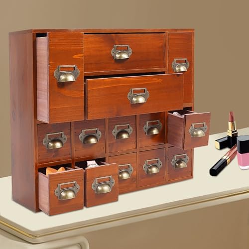 Apothecary Cabinet with 14 Drawers Library Card Catalog Cabinet Card Catalog Drawer with Metal Handles & Label Slot Wooden Desk Drawer Organizer for Herb Storage, Tea Collection (Old Brown)