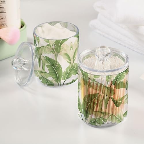 MNSRUU 2 Pack Qtip Holder Organizer Dispenser Plantain Leaf Bathroom Storage Canister Cotton Ball Holder Bathroom Containers for Cotton Swabs/Pads/Floss