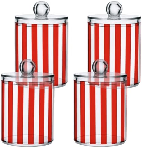 ALAZA Red White Striped 4 Pack Qtip Holder Dispenser for Cotton Swabs, Balls, Pads, Floss 10 oz Plastic Canister Organizer