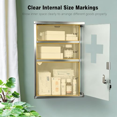 Locking Stainless Steel Medicine Cabinet, 3 Tier Wall Mounted Storage Cabinet, Durable Stainless Steel, Surface or Flush Mount, Ideal for Home, Office or First Aid, 11.8 * 4.7 * 17.7