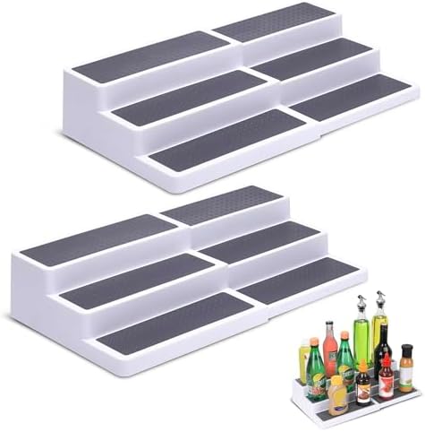 CiWiVOKi 3-Tier Expandable Spice Rack, Plastic Spice Rack Organizer for Cabinet, Adjustable Length, Non-Skid Spice Shelf Organizer for Kitchen Cabinet, Countertop or Pantry, 2 Pack, White/Grey