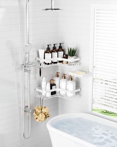 Sakugi Corner Shower Caddy, Large, 3-Pack, Soap Holder & Hooks, White