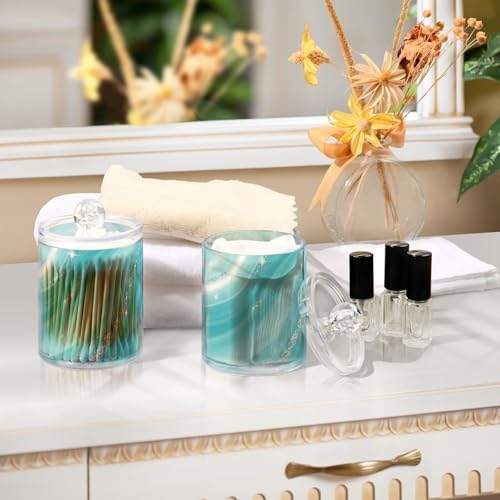 MNSRUU 2 Pack Qtip Holder Organizer Dispenser Blue Teal Marble Bathroom Storage Canister Cotton Ball Holder Bathroom Containers for Cotton Swabs/Pads/Floss