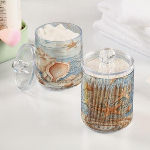 MNSRUU 4 Pack Qtip Holder Organizer Dispenser Summer Beach Conch Seashell Bathroom Containers Bathroom Vanity Storage Canister Apothecary Jars for Cotton Swabs/Pads/Floss
