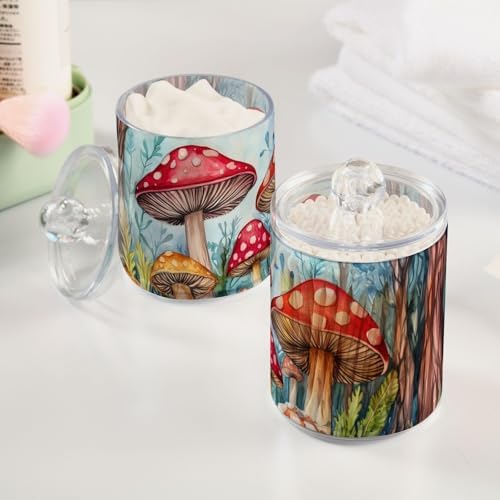 Fustylead 4 Pack Watercolor Colorful Mushrooms in Forest Plastic Apothecary Jar Set for Bathroom Storage, Qtip Holder Dispensers for Cotton Ball, Swab, Round Pads, Floss