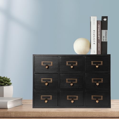 Apothecary Cabinet with 9 Drawers Card Catalog Cabinet, Library Card Catalog Drawer with Metal Handles & Label Slot Wooden Desk Drawer Organizer for Herb Storage, Tea Collection (Black)
