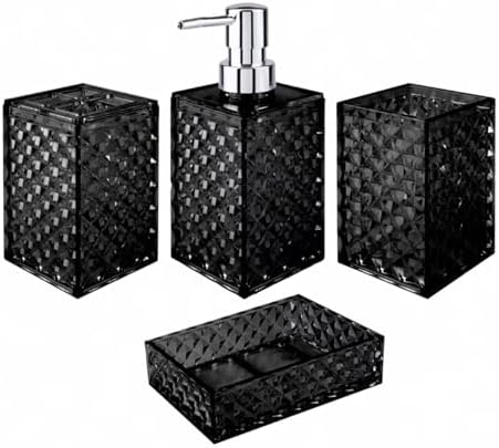 Bathroom Accessory Set, Grid Pattern 4 Pcs Plastic Bathroom Set, Black