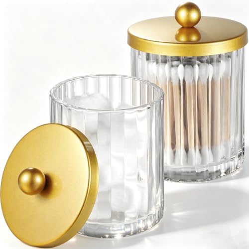 Amolliar Qtip Holder for Bathroom, Clear Glass Apothecary Jar(Gold 2 Pack)