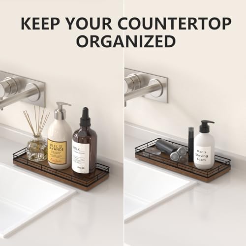 Bathroom Tray for Counter Top Organizer, Oak Wood Vanity Tray (Pack of 2)