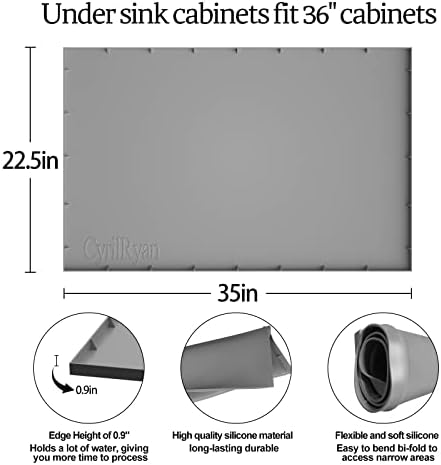 Under Sink Mat Waterproof for 36" Cabinet, Kitchen Rubber Mat, Holds Over 3.3 Gallons Liquid, Carbon Cabinets Leak Protector, Bathroom Sink Line Drip Tray, Gray 35x22.5 inch
