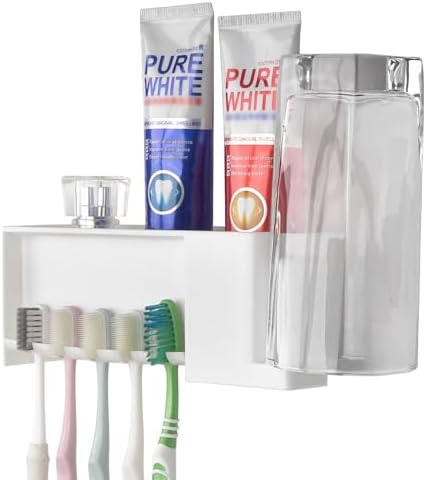 5 Slots Wall Mount Toothbrush Holder with Storage Box, Self Adhesive Toothbrush Storage Organizer for Shower, Toothpaste & Toothbrush Hanger for Bathroom, Medicine Cabinet, Dorm (White)