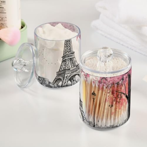 Apothecary Jars Bathroom Storage Organizer with Lid - 14 oz Qtip Holder Dispenser, Pink Paris Tower Clear Plastic Canister for Cotton Swab, Cotton Ball, 2PCS