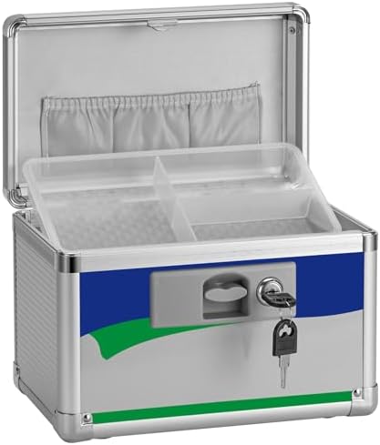 Medicine Lock Box for Safe Medication - 10 x 6 x 6.7 Inches - Lockable Storage Box for Drugs, First Aid Kit Empty, Lock Boxes with Key for Home/Outdoor (Blue/Small)