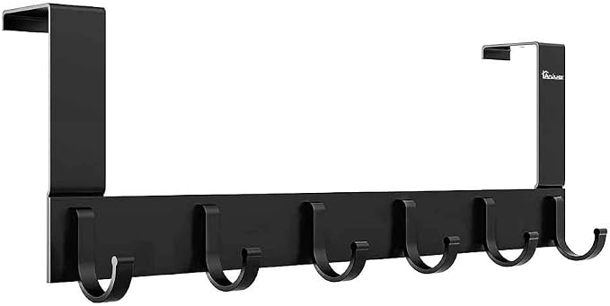 Door Hooks Hanger Rack, Aluminum Utility Organizer Holder for Kithchen Bathroom, 6 Hooks Over the Door Hanger Black