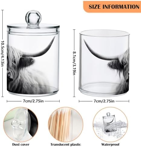 Apothecary Jars Bathroom Storage Organizer with Lid - 14 oz Qtip Holder Dispenser, Highland Cow Clear Plastic Canister for Cotton Swab, Cotton Ball, 2PCS