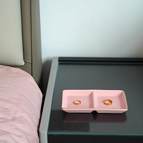 HANKOR Ceramic Jewelry Dish Tray, 2 Compartment Ring Dish, Decorative Trinket Tray for Rings, Earrings, Keys, Birthday Christmas Gifts, Pink