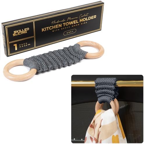 Hanging Kitchen Dish Towel Holder (Handmade Crochet), Decorative Boho Macrame Kitchen Towel Hanger Loop Ring Makes a Unique Gift for Birthday Thanksgiving Day 11 Inches (Grey)